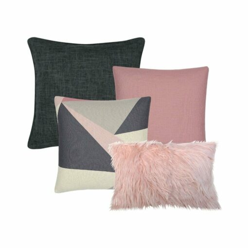 A collection of 4 cushions in charcoal, silver and pink colours and patterns.
