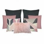 A set of seven cushion covers in charcoal and pink colours with a scandi design feel.