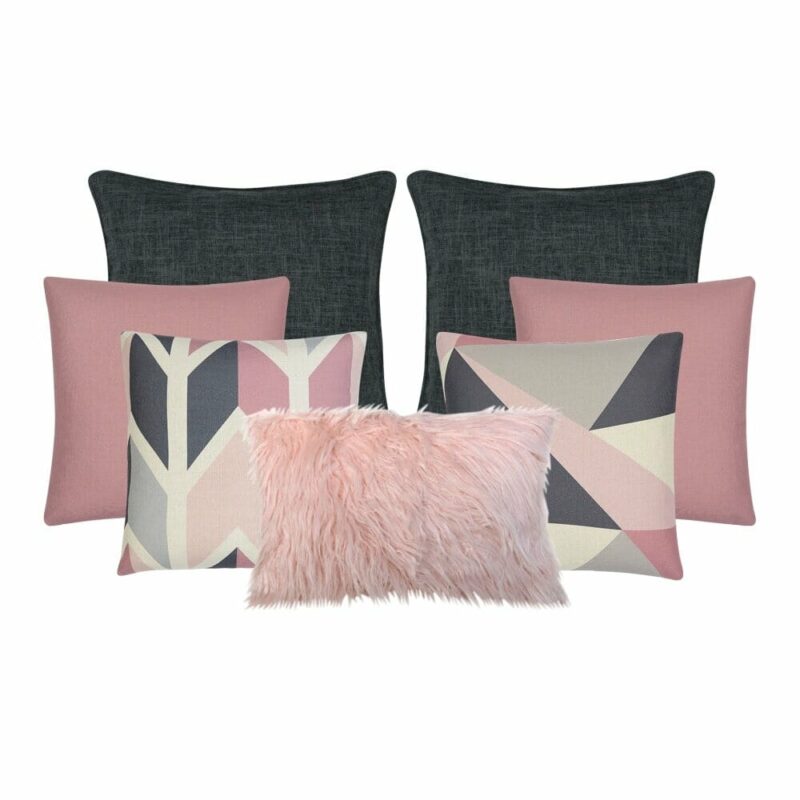 Norse 7 Cushion Cover Collection - COL857 A set of seven cushion covers in charcoal and pink colours with a scandi design feel.