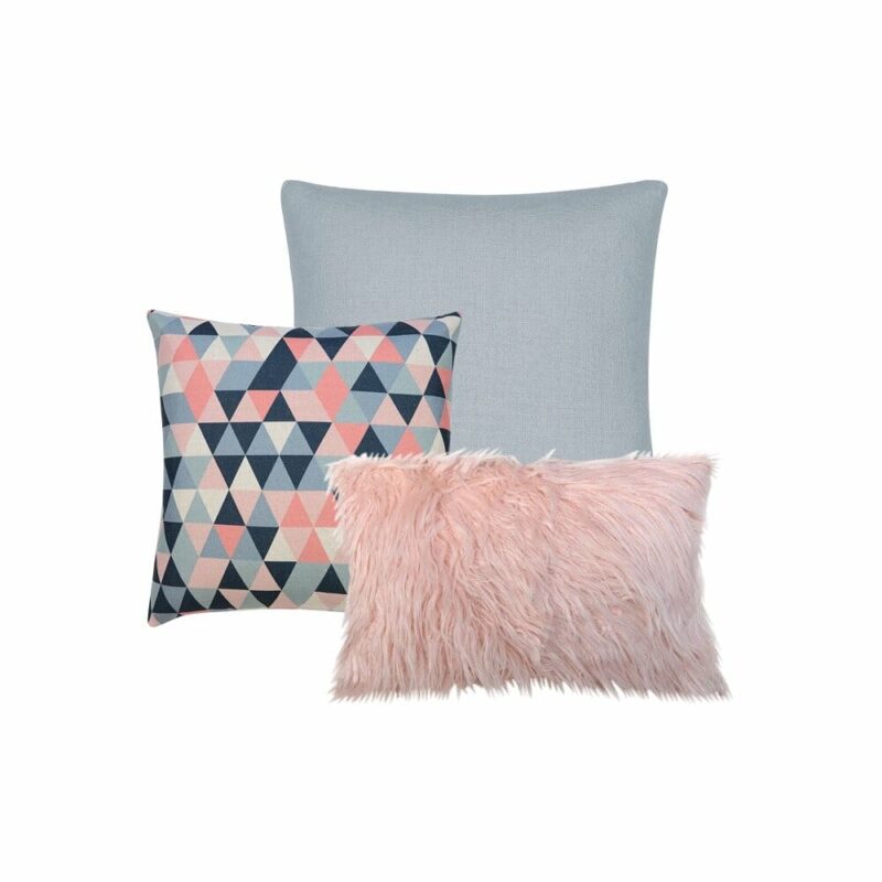 Norse Impressions 3 Cushion Cover Collection - COL858 An image of one silver square cushion, a single pink faux fur cushion and a square cushion with a pink and blue triangle design.