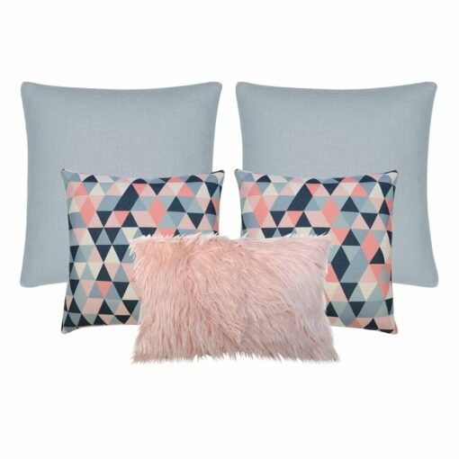 A set of five cushion covers in silver, pink and blue colours and patterns.