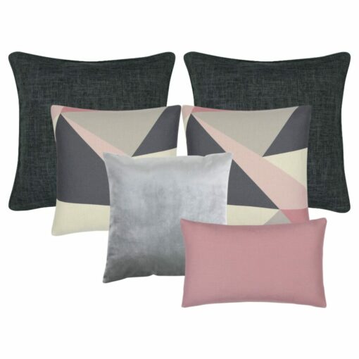 Grey and pink Scandi-themed cushion covers in cotton linen and velvet fabrics