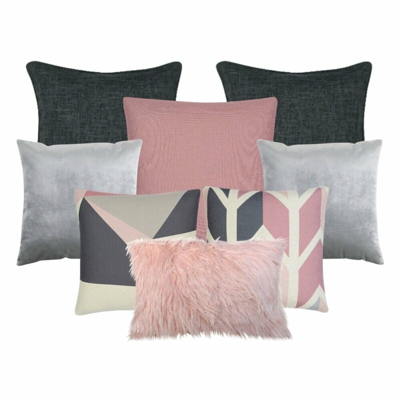 Norse Silver 8 Cushion Cover Collection - COL865 A set of eight cushion covers featuring two charcoal cushions, one pink square cushion, two silver cushions, two scandi design pink and grey cushions and a single pink faux fur cushion.