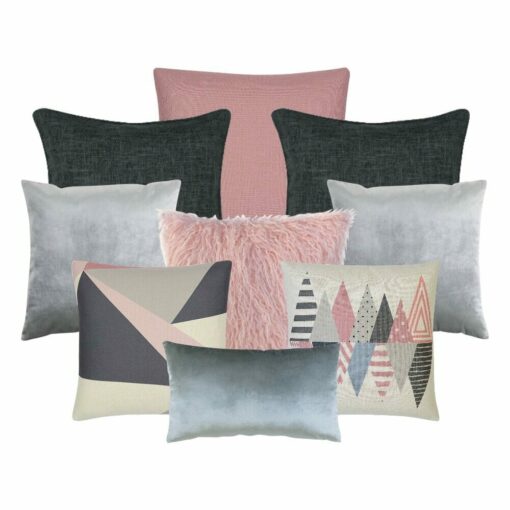 A set of nine cushion covers in grey, charcoal and pink colours with a scandi design feel.