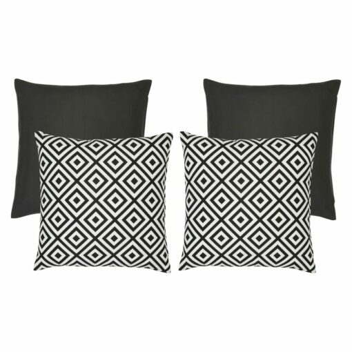 An image of two plain black outdoor cushions and two black geometric design outdoor cushions.
