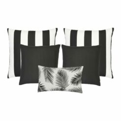 A set of five black and white outdoor cushions in striped, plain and botanical designs.