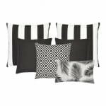 A set of 6 outdoor cushions in black and white colours and striped, plain, geometric and botanical designs.