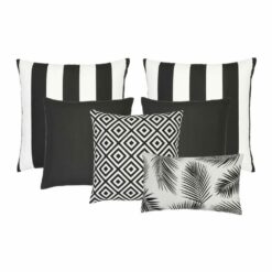 A set of 6 outdoor cushions in black and white colours and striped, plain, geometric and botanical designs.