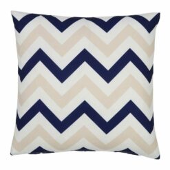A bold geometric beige and navy print on a water resistant outdoor cushion cover.