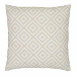 A bold geometric beige print on a water resistant outdoor cushion cover.