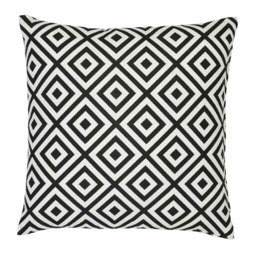 A bold geometric black and white print on a water resistant outdoor cushion cover.