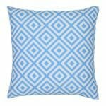 A bold geometric blue print on a water resistant outdoor cushion cover.