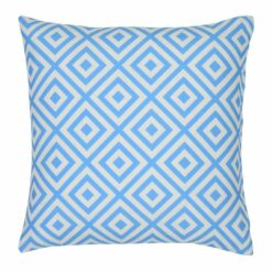 A bold geometric blue print on a water resistant outdoor cushion cover.