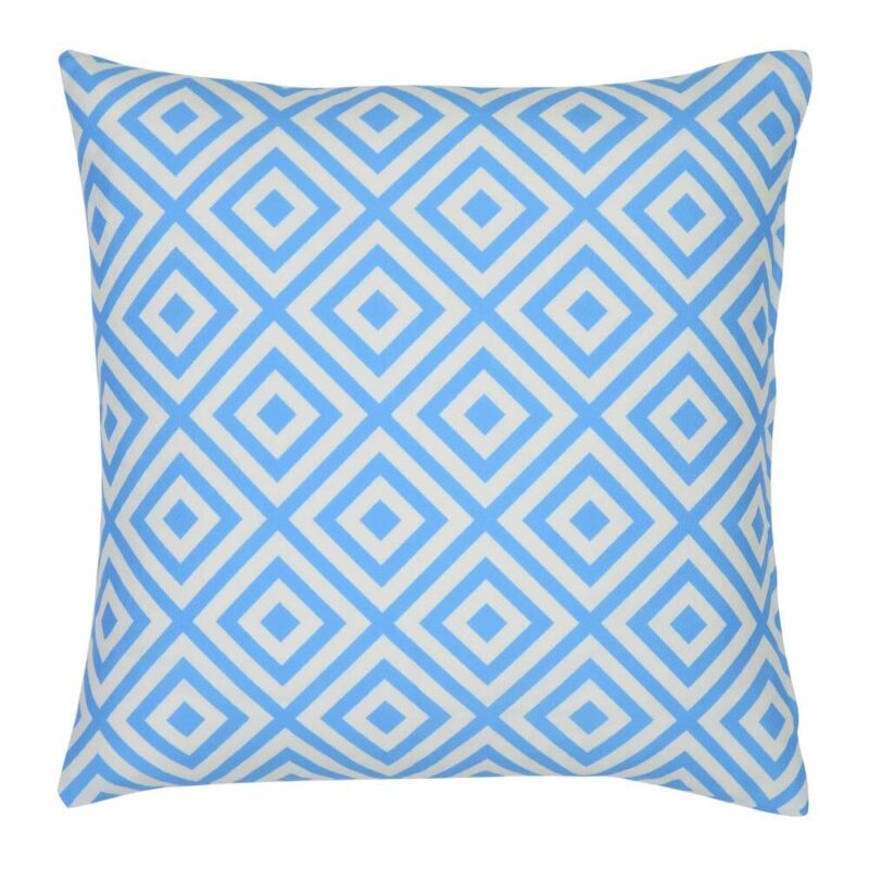 A bold geometric blue print on a water resistant outdoor cushion cover.
