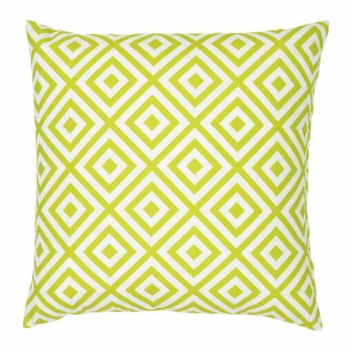 A bold geometric green print on a water resistant outdoor cushion cover.