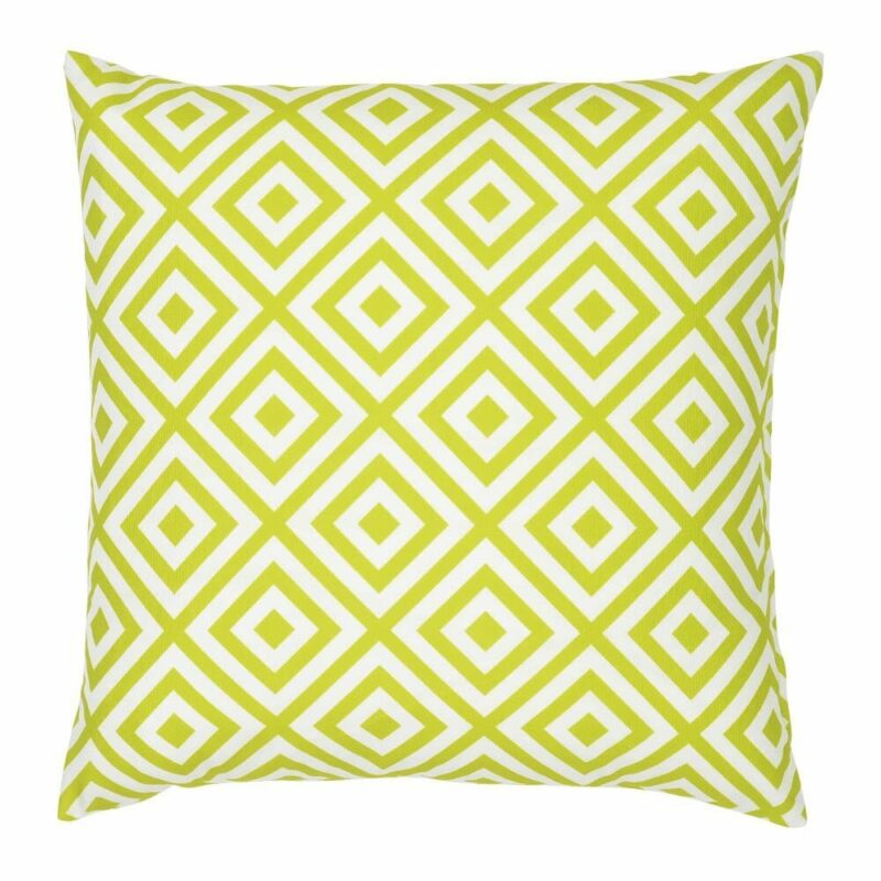 A bold geometric green print on a water resistant outdoor cushion cover.