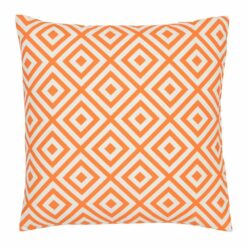A bold geometric orange print on a water resistant outdoor cushion cover.