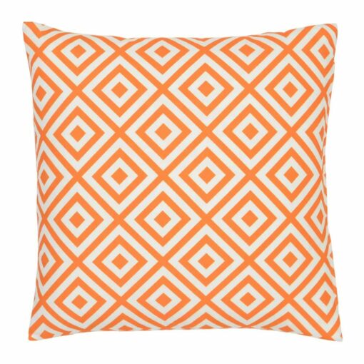 A bold geometric orange print on a water resistant outdoor cushion cover.
