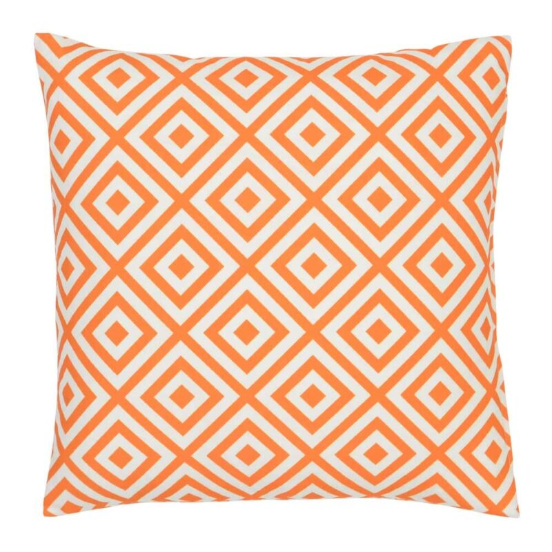 A bold geometric orange print on a water resistant outdoor cushion cover.