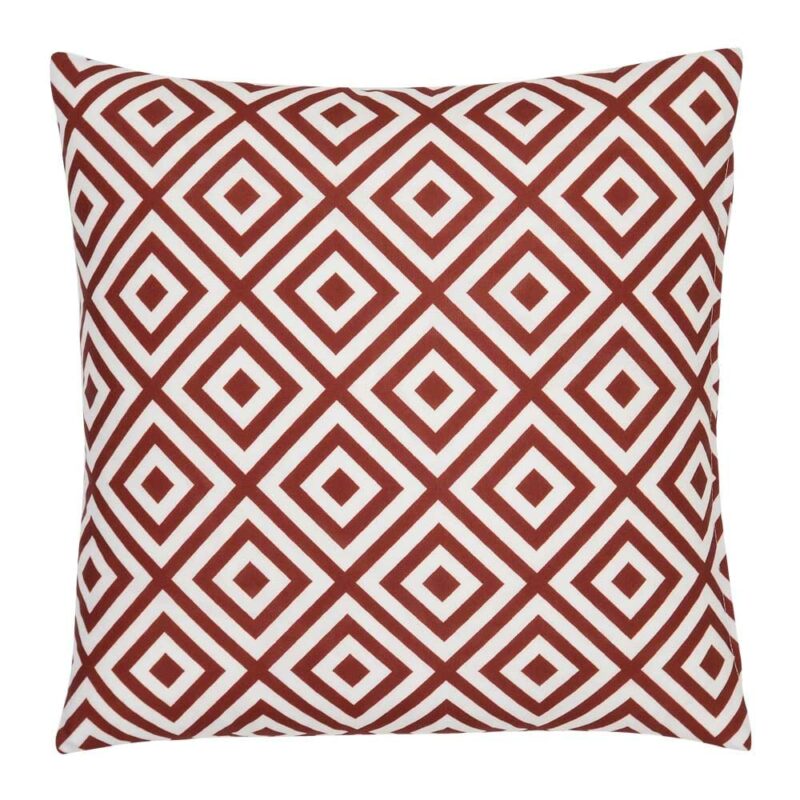 A bold geometric red print on a water resistant outdoor cushion cover.
