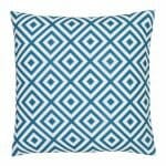 A bold geometric teal print on a water resistant outdoor cushion cover.