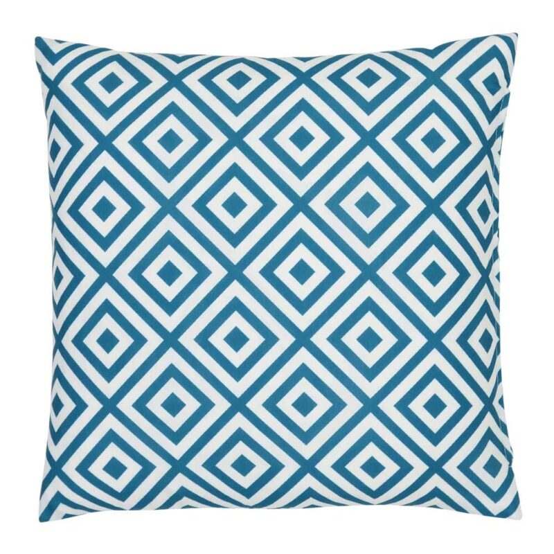 A bold geometric teal print on a water resistant outdoor cushion cover.