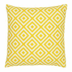 A bold geometric yellow print on a water resistant outdoor cushion cover.