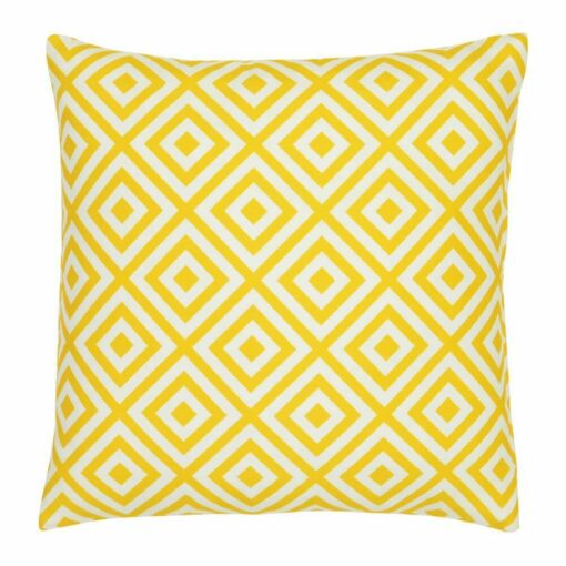 A bold geometric yellow print on a water resistant outdoor cushion cover.