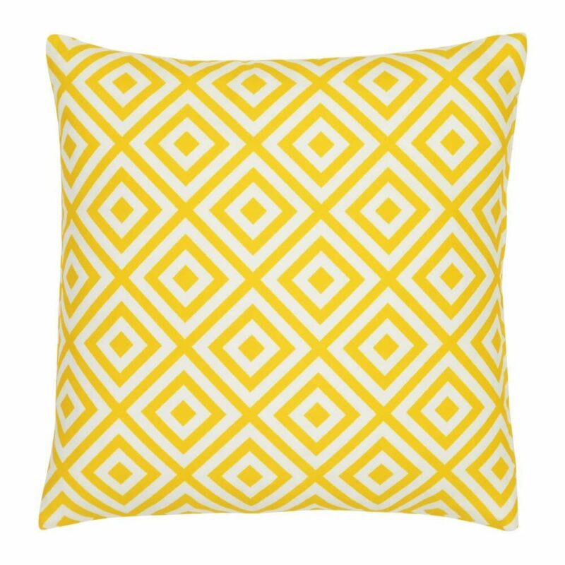 A bold geometric yellow print on a water resistant outdoor cushion cover.