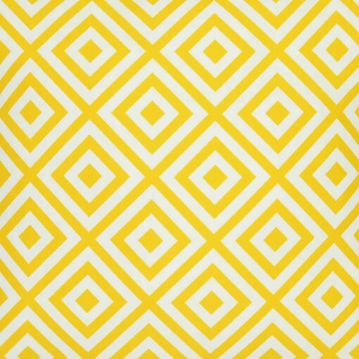 A close up of a bold geometric yellow print on a water resistant outdoor cushion cover.