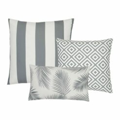 An image of a striped grey outdoor cushion, a plain grey outdoor cushion and a single grey rectangular botanical design outdoor cushion.