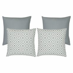 An image of two plain grey outdoor cushions and two grey geometric design outdoor cushions.