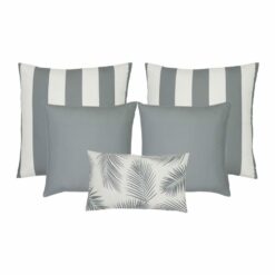 A set of five outdoor cushions in grey colours and striped, plain and botanical designs.