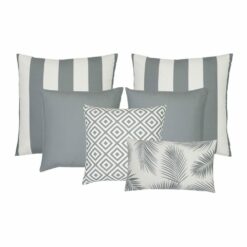 A set of 6 outdoor cushions in grey colours and striped, plain, geometric and botanical designs.