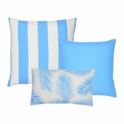 An image of a striped light blue outdoor cushion, a plain light blue outdoor cushion and a single light blue rectangular botanical design outdoor cushion.