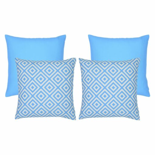 An image of two light blue plain outdoor cushions and two light blue geometric design outdoor cushions.