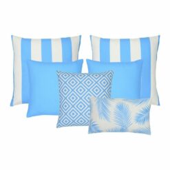 A set of 6 outdoor cushions in light blue colours and striped, plain, geometric and botanical designs.