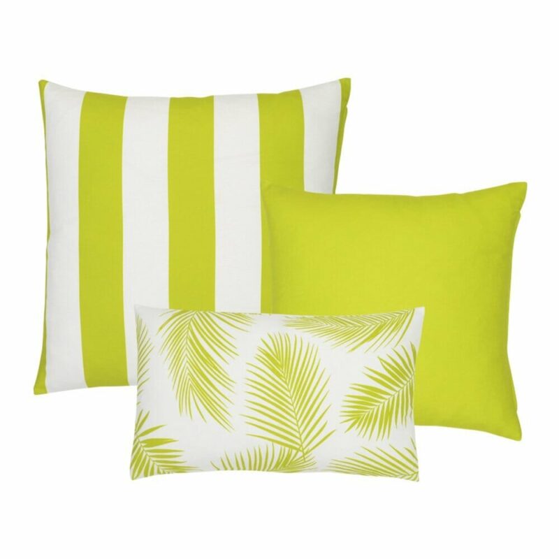 Otama Lime Green 3 Outdoor Cushion Cover Collection - COL964 An image of a striped lime green outdoor cushion, a plain lime green outdoor cushion and a single lime green rectangular botanical design outdoor cushion.