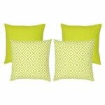 An image of two plain lime green outdoor cushions and two lime green geometric design outdoor cushions.