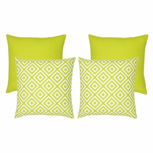 An image of two plain lime green outdoor cushions and two lime green geometric design outdoor cushions.