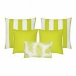 A set of five outdoor cushions in lime green colours and striped, plain and botanical designs.