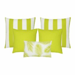 A set of five outdoor cushions in lime green colours and striped, plain and botanical designs.