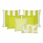 A set of 6 outdoor cushions in lime green colours and striped, plain, geometric and botanical designs.