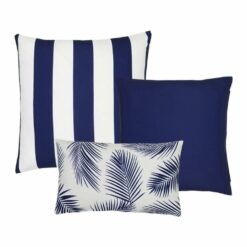 An image of a striped navy outdoor cushion, a plain navy outdoor cushion and a single navy rectangular botanical design outdoor cushion.