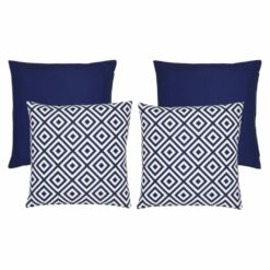 An image of two plain navy outdoor cushions and two navy geometric design outdoor cushions.
