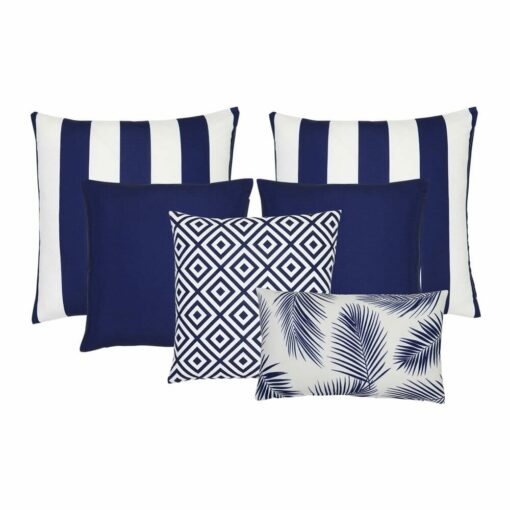 A set of 6 outdoor cushions in navy colours and striped, plain, geometric and botanical designs.