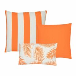 An image of a striped orange outdoor cushion, a plain orange outdoor cushion and a single orange rectangular botanical design outdoor cushion.