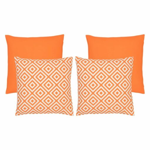 An image of two plain orange outdoor cushions and two orange geometric design outdoor cushions.