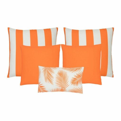 A set of five outdoor cushions in orange colours and striped, plain and botanical designs.