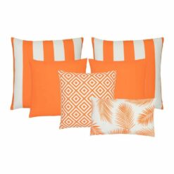 A set of 6 outdoor cushions in orange colours and striped, plain, geometric and botanical designs.